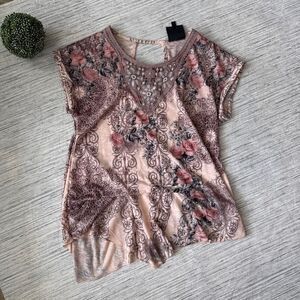 French Blu Boho Lace V-Neck Floral Mesh Blouse Top Pink Mauve PL